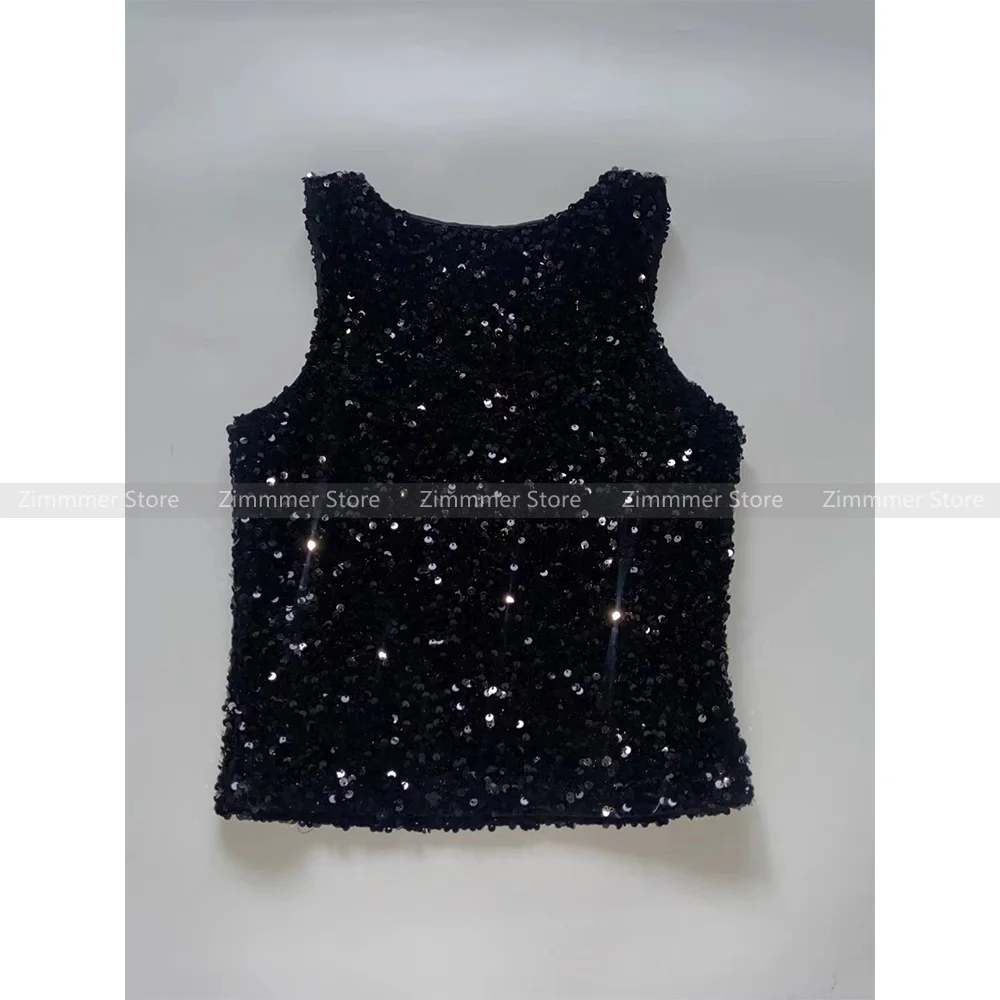 Black sequined camisole vest for women heavy hollow hot girl autumn and winter short bottom sleeveless top