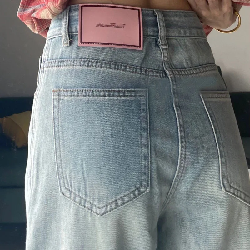 Denims-Jean Droit à Jambes Larges pour Femme, Pantalon de Base, Book ine Longueur, Taille Haute, Poches, Bouton, Solide, Document Vintage, Fjd Casual