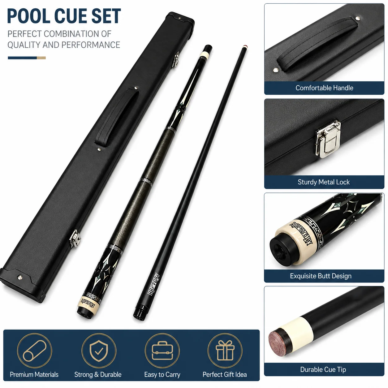 12.5 mm Tip 1/2‑Piece Professional Billiard Cue, Black Anti‑Slip Wrap Grip, Silver Geometric Pattern Butt, Comes with Cue Case