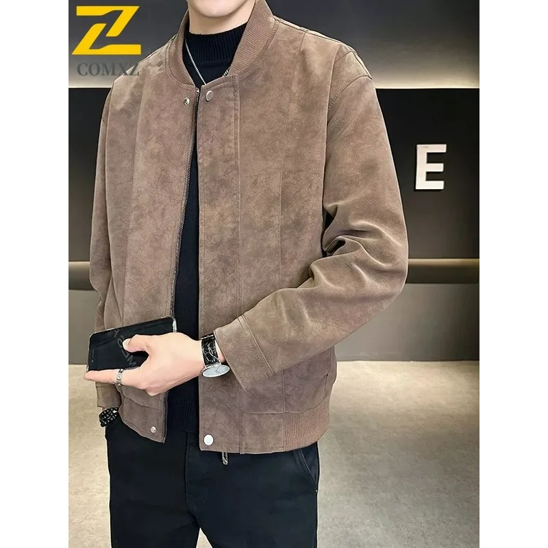 

COMXZ Men Leather Trench Coat Retro American Autumn Stylish Camping High End Travel Windbreaker Jacket Walking Breathable Jacket