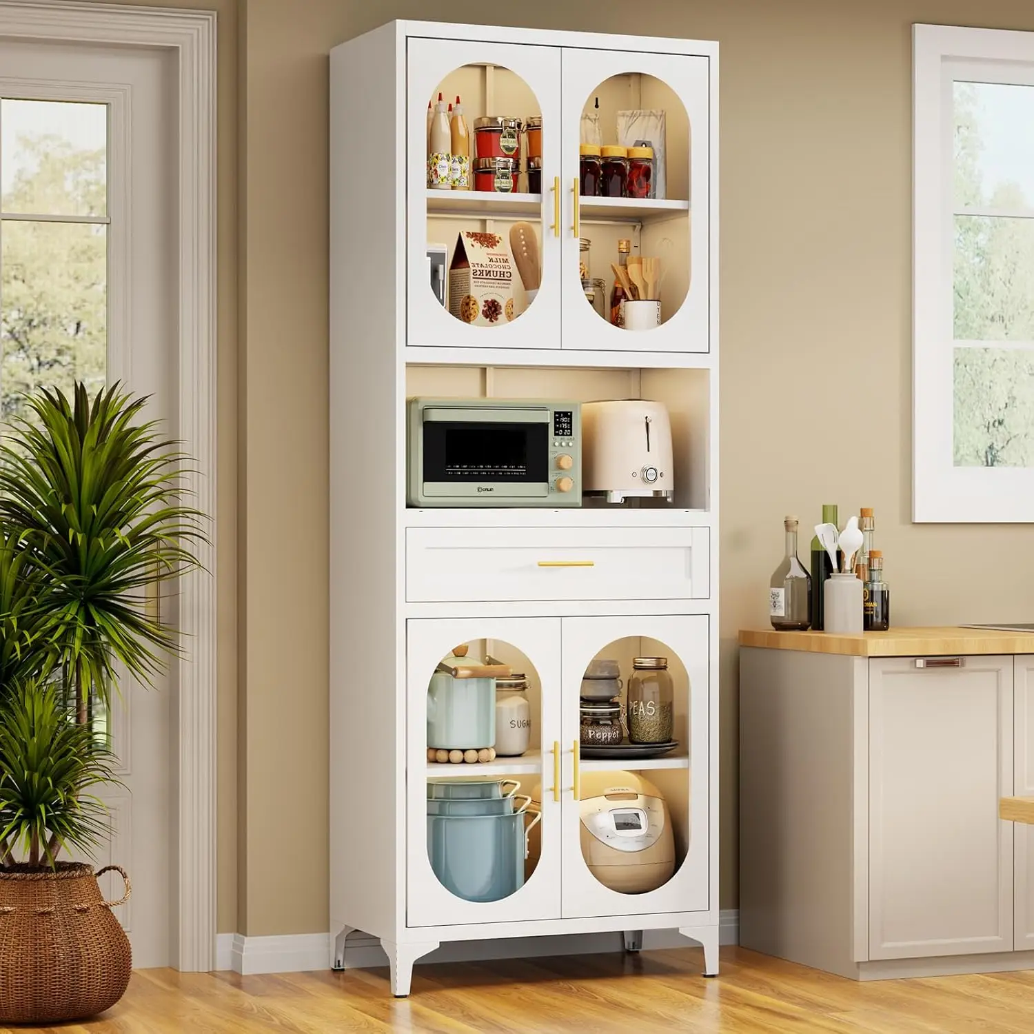 

74.8 Tall Metal Storage Cabinet with Glass Doors, Kitchen Pantry Cabinet with 1 Drawer and 2 Adjustable Shelves, Freestanding Pa
