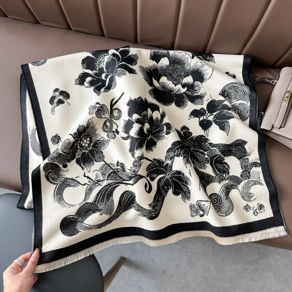 

Luxury Imitation Cashmere Scarf Lotus Print Warm Jacquard Shawls Windproof Thick Poncho Scarves
