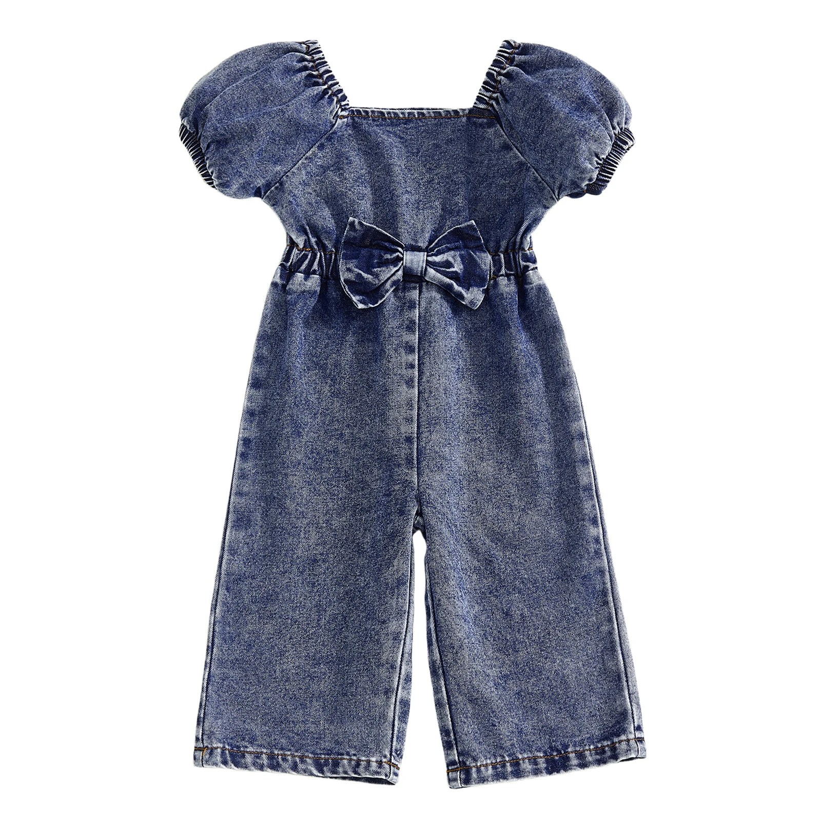 

Toddler Baby Girl Denim Jumpsuit Solid Color Puff Short Sleeve Square Neck Bow Decor Overalls Pants