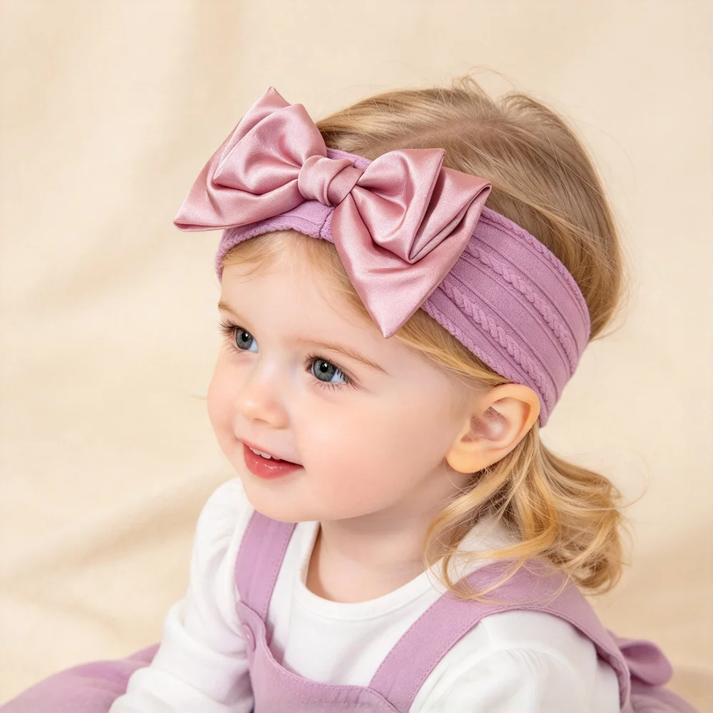 Headbands for Baby Girl Cable Knit Bow Elastic Hair Bands for Girls Soft Satin Bow Newborn Hair Wrap Kids Hair Accessories