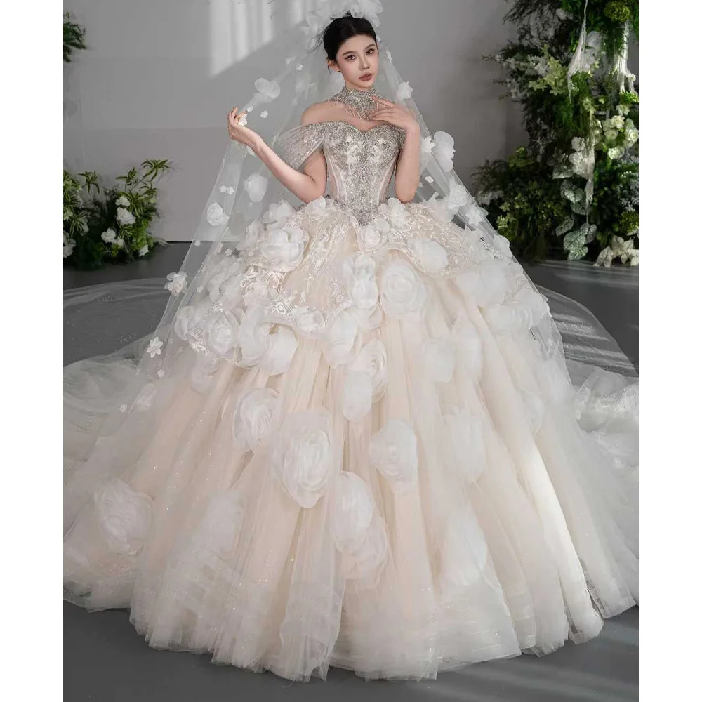 

Luxury Sweetheart Off The Shoulder 3D Flower Embroidered Wedding Dress Customizable Elegant White Bridal Gown