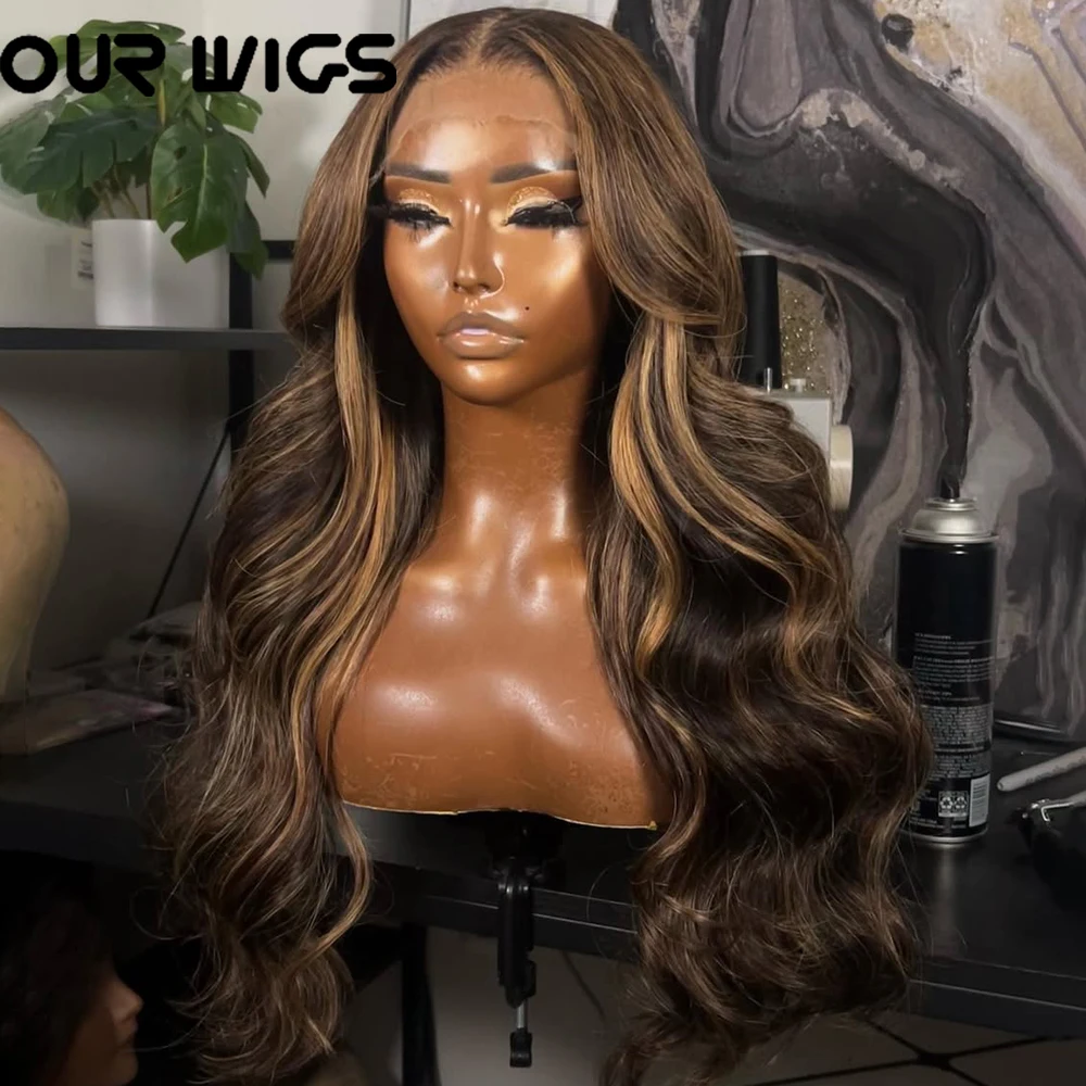 

13x6 HD Highlight Парик фронта шнурка Объемная волна Синтетический бесклеевой парик Объемная волна 4/27 Медовый блондин Парик фронта шнурка Прозрачные парики