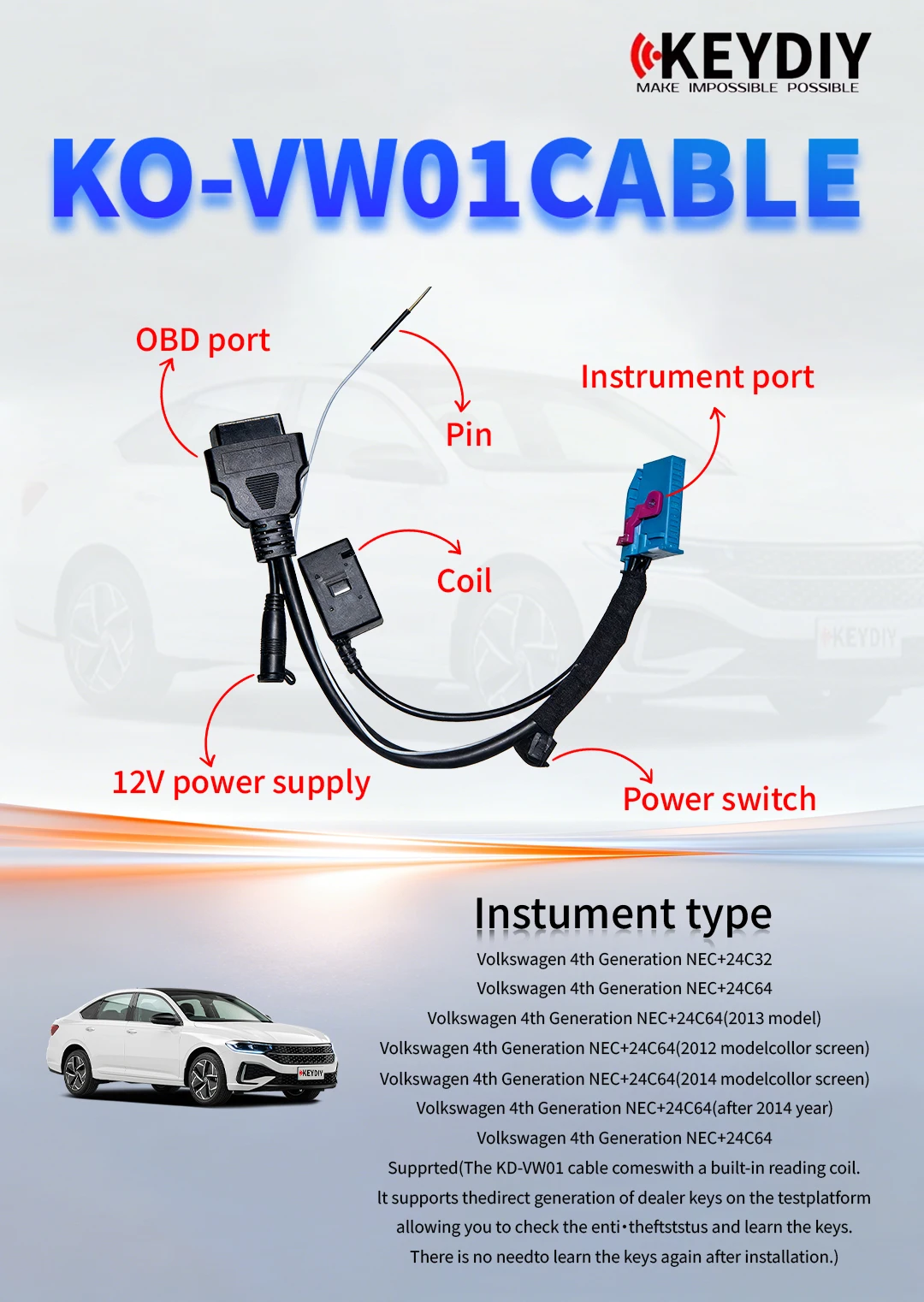 

Жгут проводов KD-VW01 подходит для тестирования противоугонных систем Volkswagen 4-го поколения и создания идентификационных ключей для дилеров.