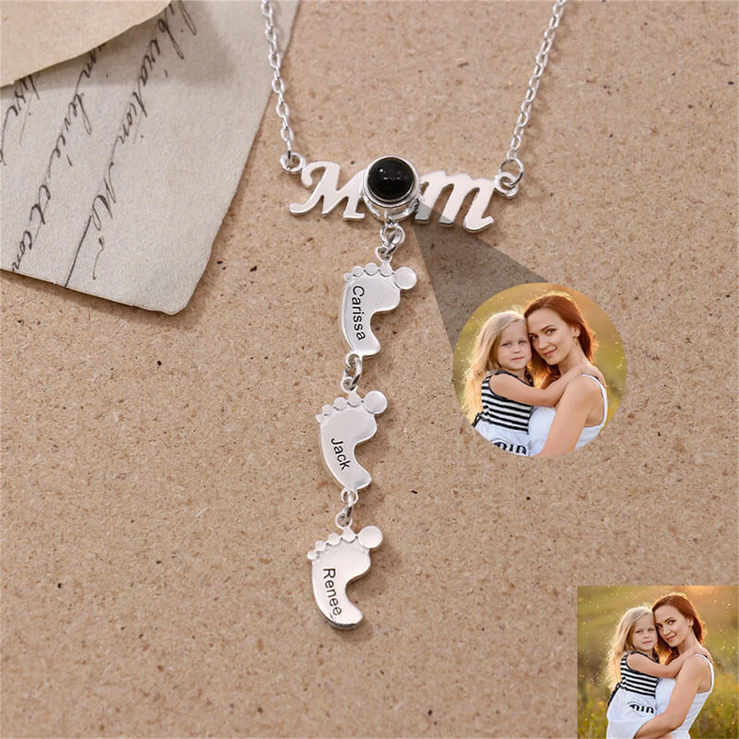 925 Silver Custom Name Necklace Personalized Projection Photo Mom Baby Footprint Necklace Engraved Name Charm Mother's Day Gift