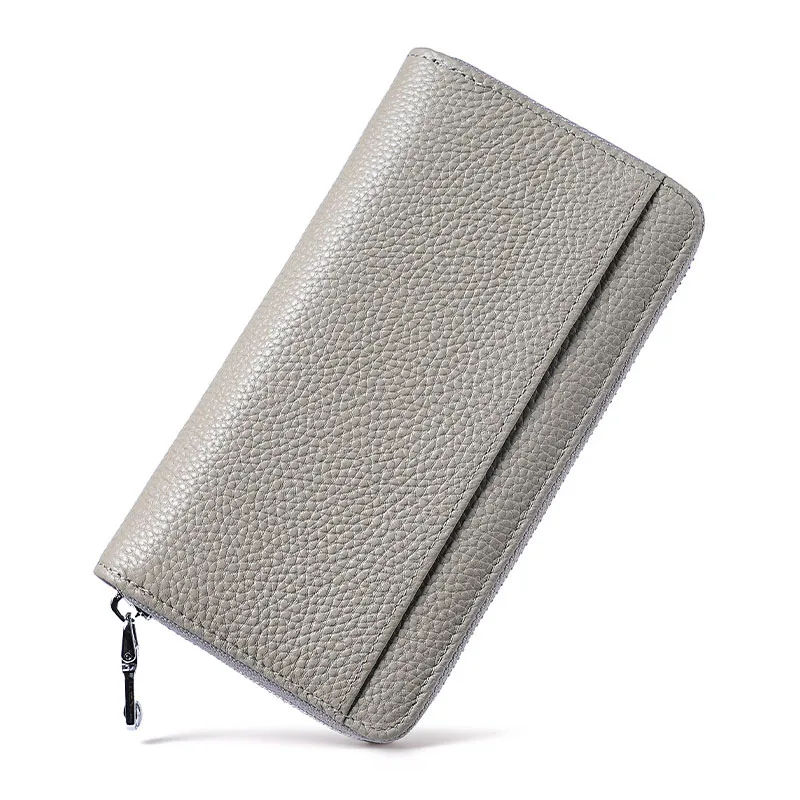RFID Genuine Leather Purse 2026 New Real Cow Leather Wallet Woman Zipper Card Holder Clutch Bag with Hand Strap