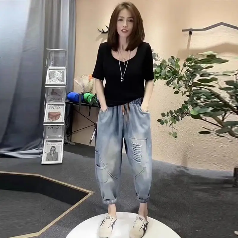 High waisted new denim dad pants women elastic high waisted ripped loose retro personality street Haren nine cropped pants