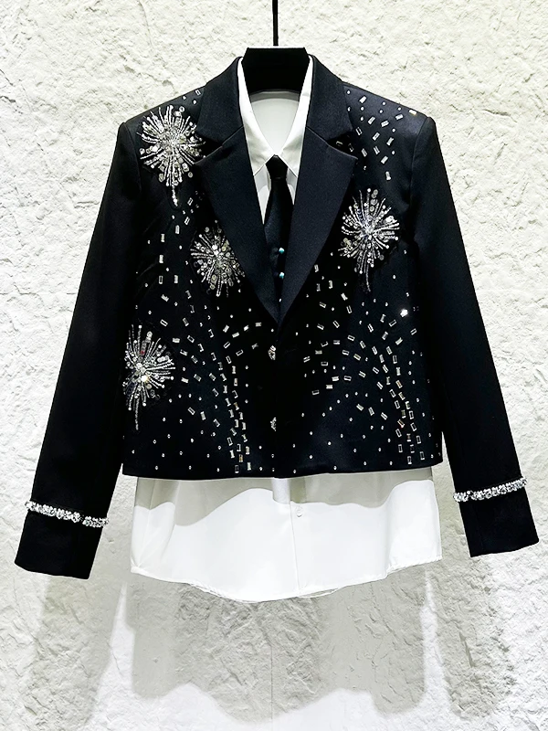 

New Faionable Heavy Embroidery Design Men's ort Suit Jaet oulder Pads Sparkling Rhinestones Trendy Casual Outerwear