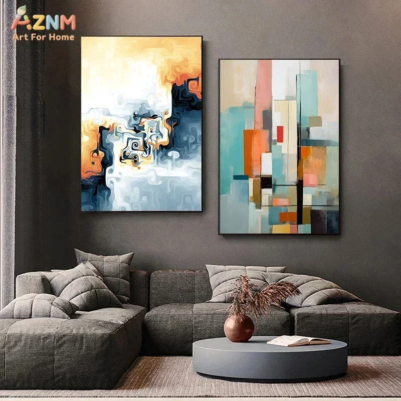 AZNM Modern Abstract Canvas Wall Art Orange Blue Color Block Geometric Fluid Texture Minimalist Living Room Home Decor Poster Un