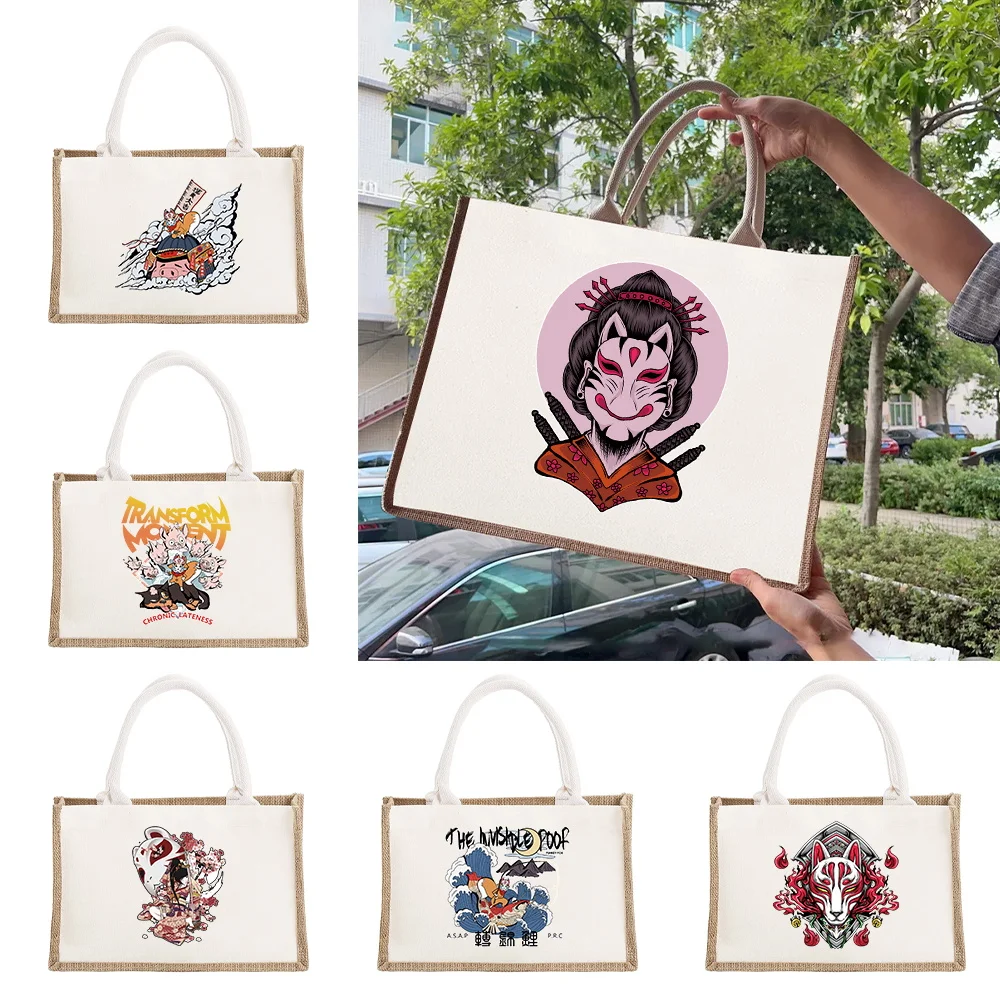 

Leisure Grocery Bags Vintage Shoulder Bag Reusable Linen Handbag Lightweight Simplicity Shopping Bag Mask Series