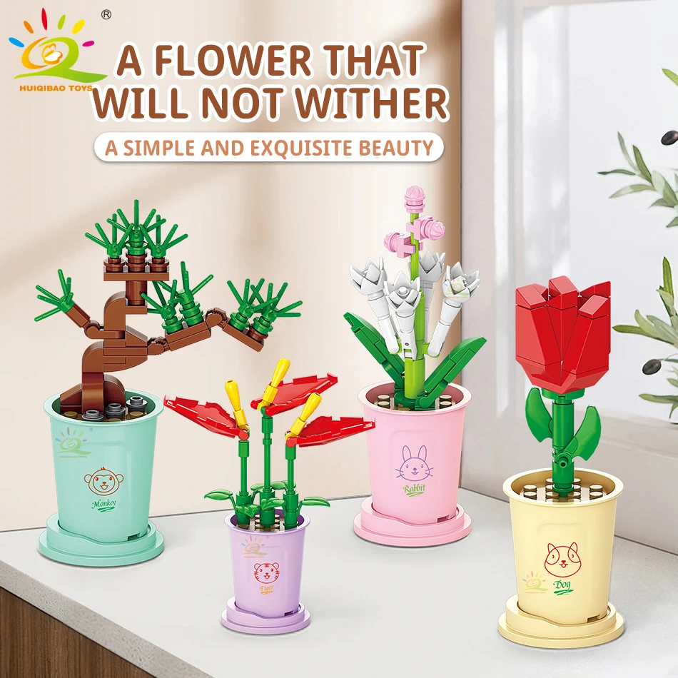 HUIQIBAO 12 Potted Plants MOC Flower Potted Building Blocks Brick Rose Blossom Flowerpot Ornaments Construction Toys Home Deco.