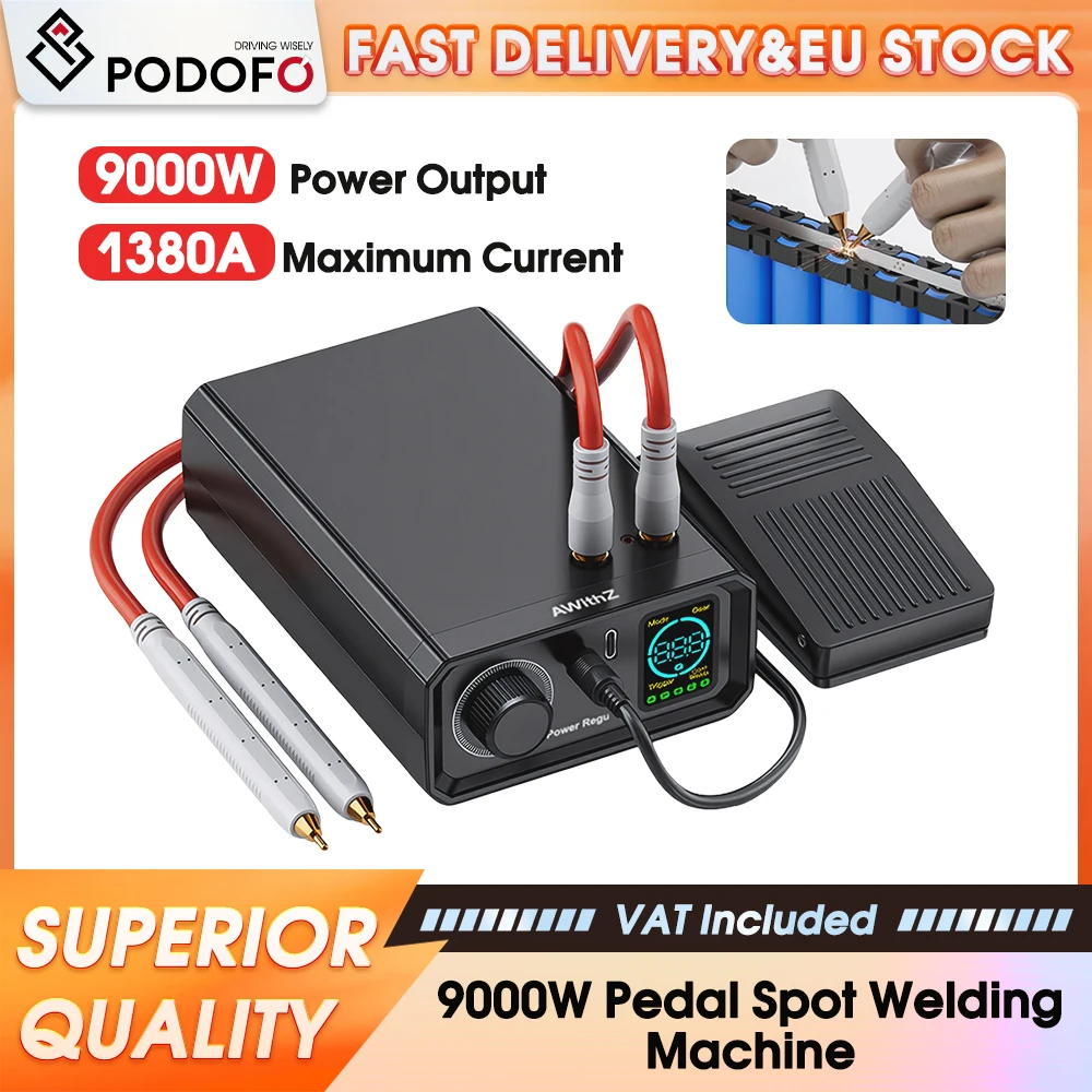 Podofo 9000W Soudeuse TIG portable à batterie haute puissance, machine de soudage à l'arc à l'argon avec torche WP110 et commande à pédale, équipement de soudage métallique industriel et domestique à double usage