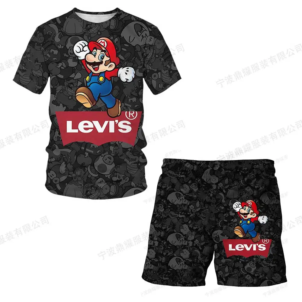 Camiseta con estampado 3D de Super Mario para niños, traje informal, tops de ventilación, pantalones cortos