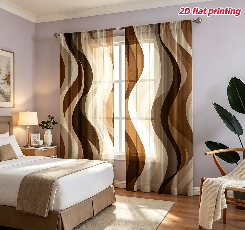 2PCS Digital Print Sheer Curtain, Brown Wavy Lines Abstract Pattern, Modern Minimalist Earth Tone Boho Contemporary Home Decor