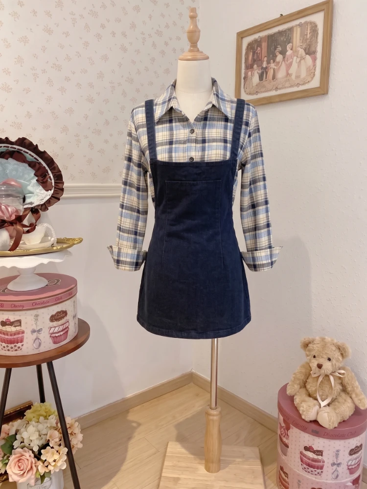 Elegant Lolita Women's 2 Piece Set Plaid Long Sleeve Shirt + Black Suspender Mini Skirt Y2k Summer Outfits Korean Fashion Female view 6