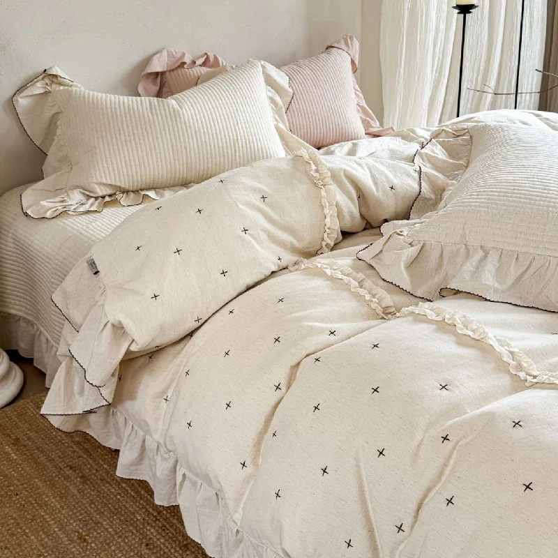 Korean Style Cotton Linen Quilted Bedspread Set 3Pcs, Lace Trim Lightweight Coverlet, Multi-functional Quilted Duvet Cover 1PC