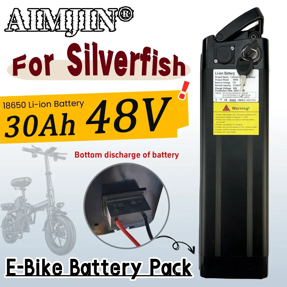 Lithium ion  48V 30AH Battery 18650 Pack for Silver Fish Style Bike Battery with Aluminum Case Anti-theft Lock