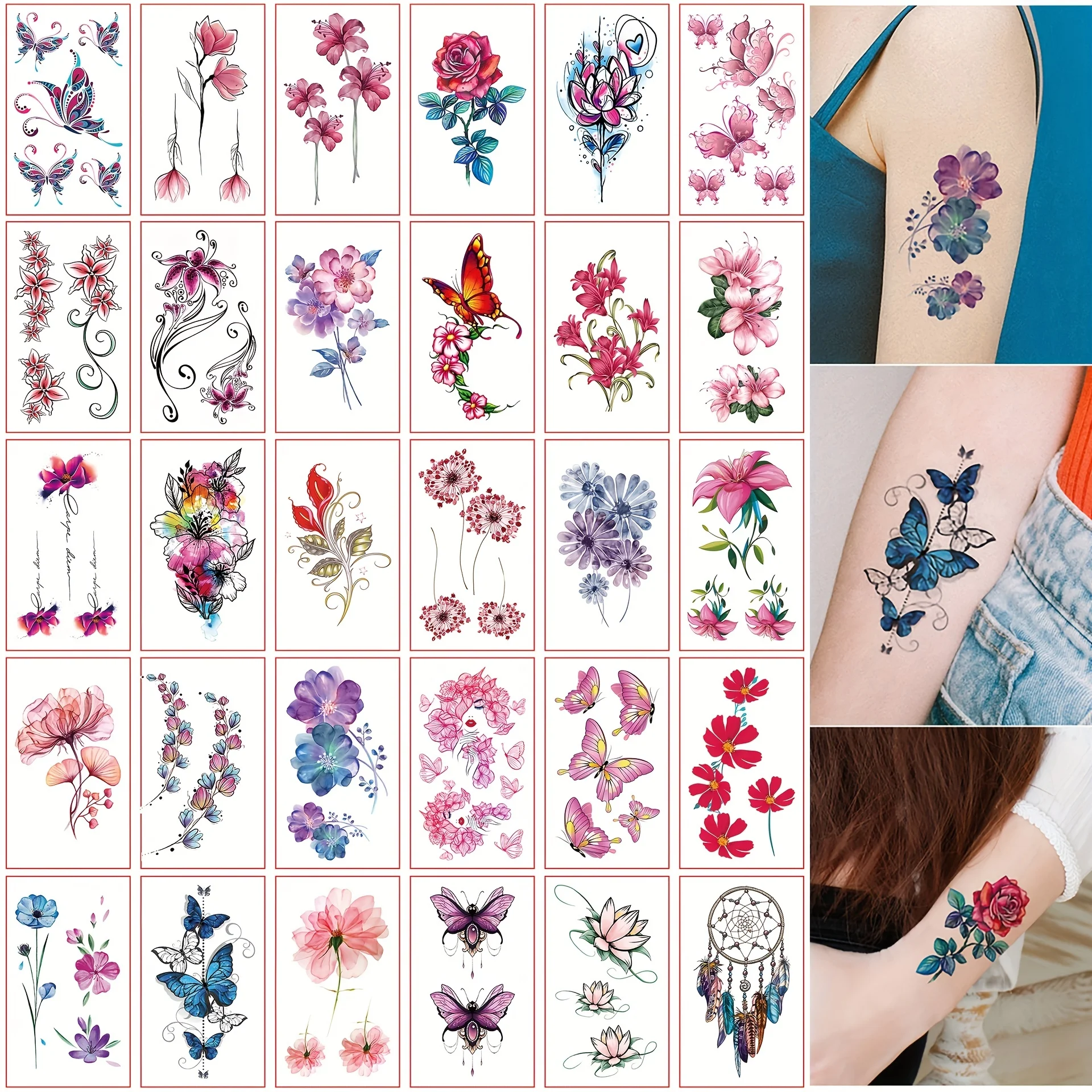 30 teile/satz Gefälschte Tatoo Wasserdichte Bunte Schmetterling Blume Ästhetische für Frauen Mädchen Transfer tattoo Langlebige Finger Arm Brust