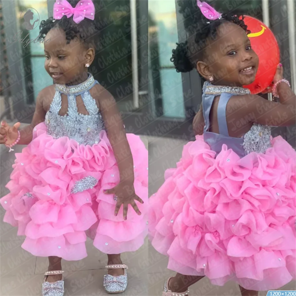 

Customized Silver Appliqués High Neck Flower Kids Birthday Dresses Beading Short Girl Dresses for Wedding Prom for Photoshoot
