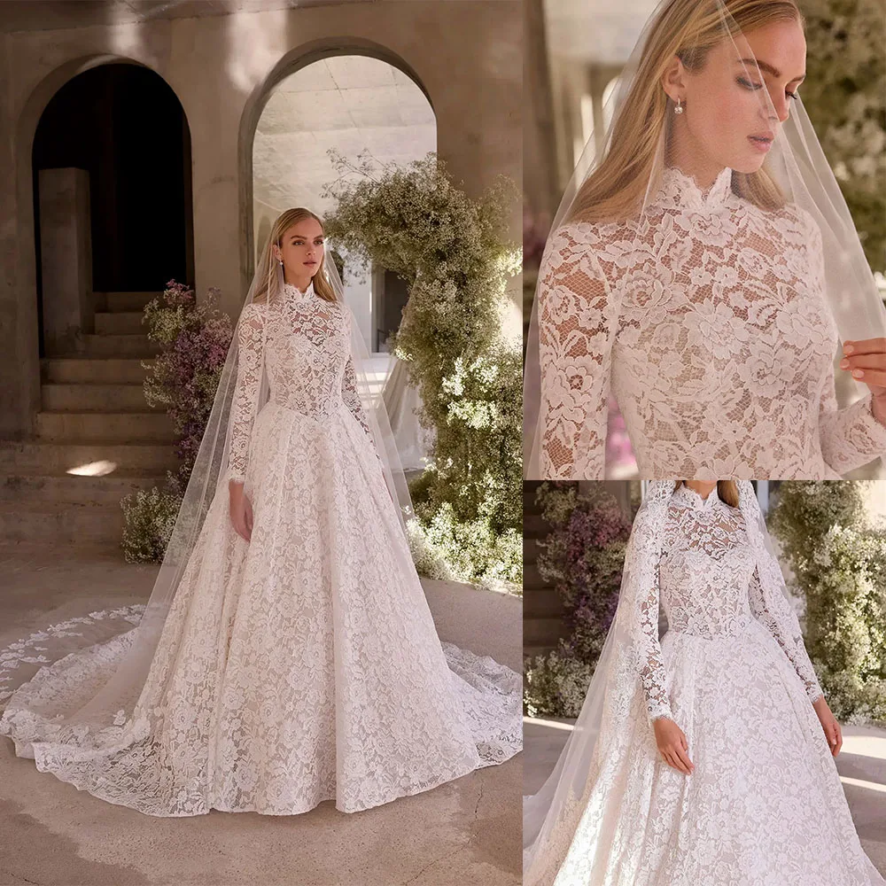 

Classic Lace Wedding Dresses Appliques High Neck Bridal Gowns Long Sleeves Illusion Princess Customized Bride Vestidos De Novia