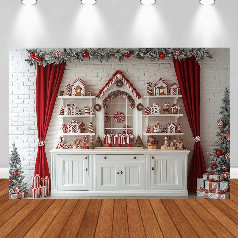 LS Kitchen Christmas Photography Backdrop White Cabinet Cookie Jar Gingerbread House Newborn Cake Smash Photo Background