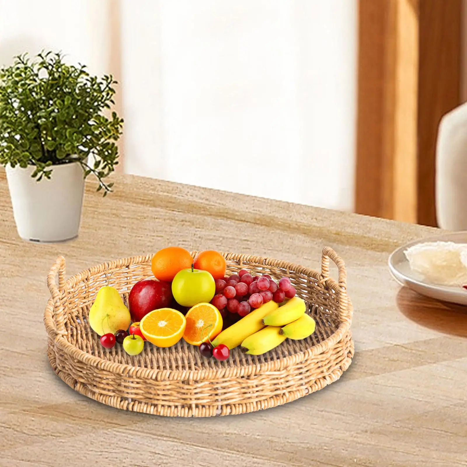 Round Basket Serving Tray Handwoven Coffee Table Dining Room Countertop Decorative Makeup Fruit Tray Round Serving Tray