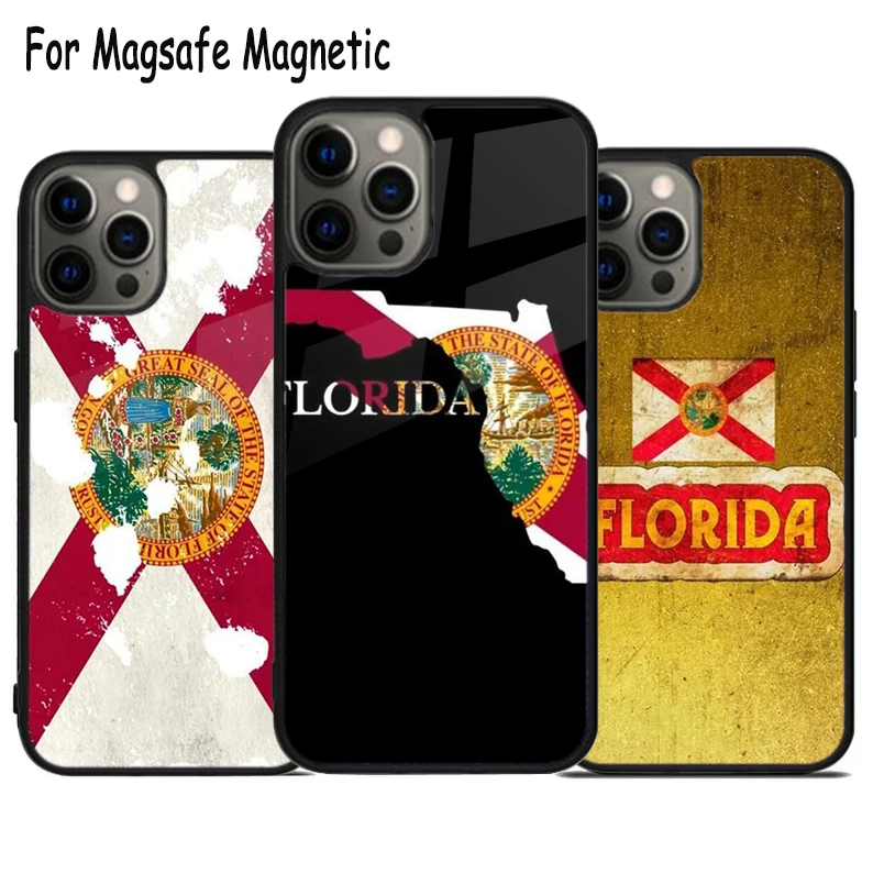 Retro Florida State Flag Wireless Charge Magsafe Phone Case For iPhone 15 16 14 13 11 12 Pro Max Plus Magnetic Bumper Cover