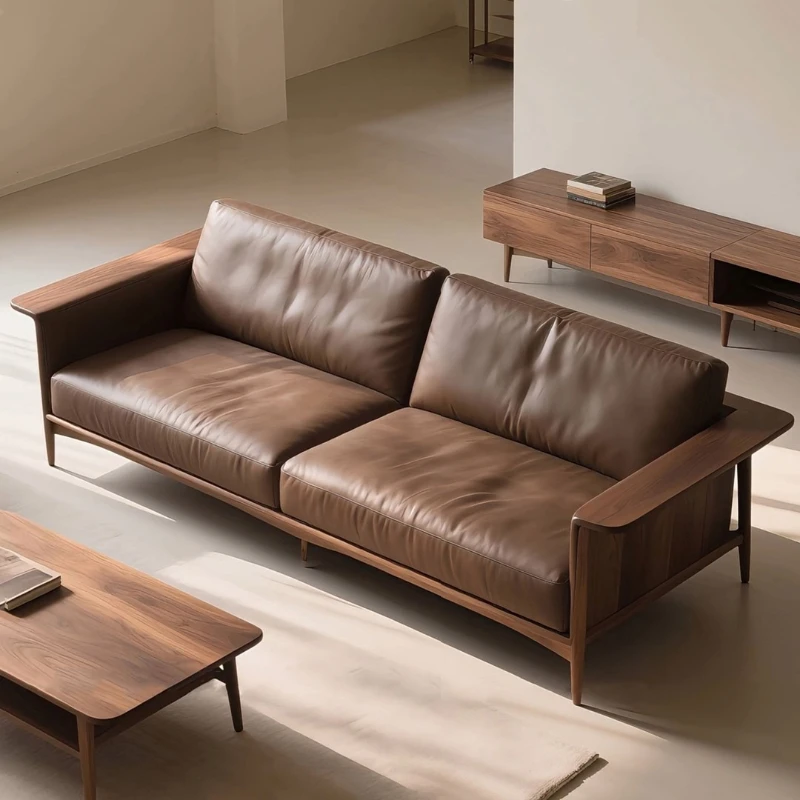 North American black walnut leather sofa living room B & B modern simple solid wood straight sofa