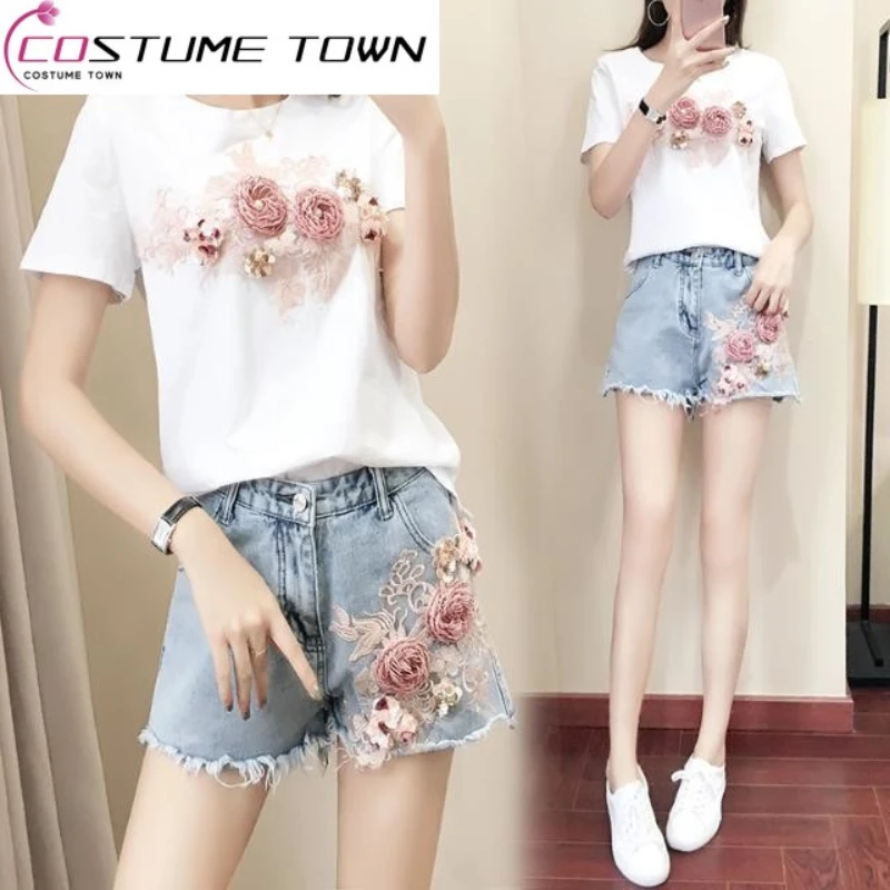 

Women's Casual Suit 2023 Summer New Short-sleeved T-shirt Top Denim Flower Shorts Hot Pants Fashion Two-piece Suit