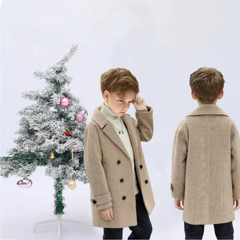 

Kids Birthday Party Photography Woolen Coat Children Windproof Outdoor Jacket 3-15Y Boys Khaki Winter Warm Wool Coat Teenager