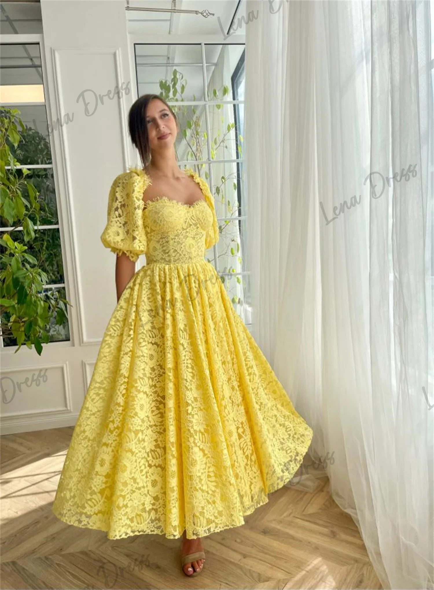 Lena Square Collar Women\'s Elegant Dresses for Parties 2024 Line A Evening Gown Lace Graduation Dresses Woman Yellow Ball Gowns