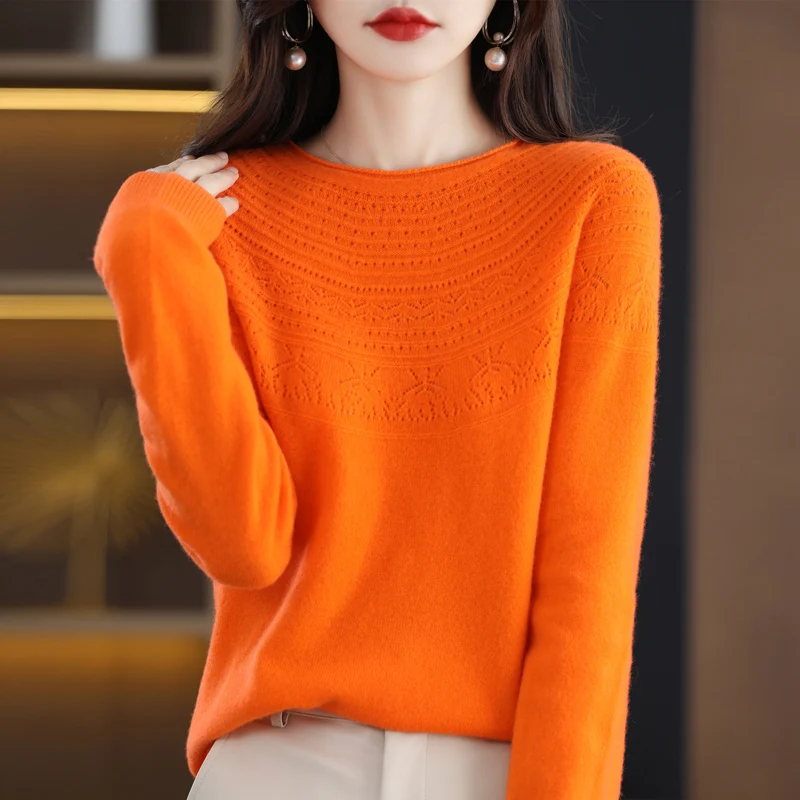 100% wool cashmere sweater women\'s sweater round neck hollow long sleeve pullover warm pullover in autumn and winter