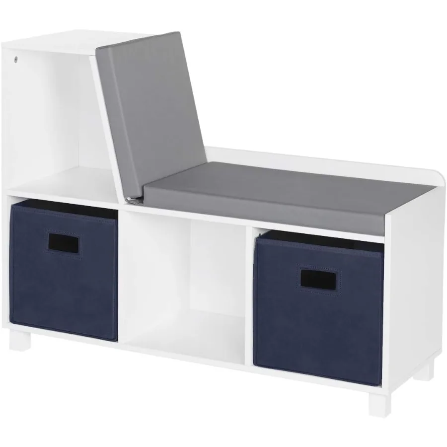 RiverRidge Book Nook Collection Reading Nook and White Cubby Storage Bench With Navy Bins Toy Storage with Comfy Cushioned Seat