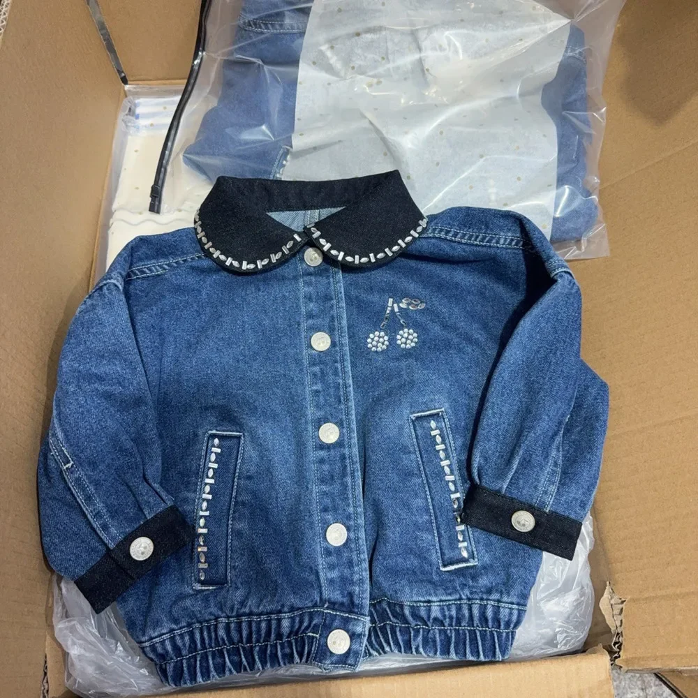 Children's Clothing kids clothes girls coat High quality Handmade inlaid rhinestones French cherry style sweet denim jacket