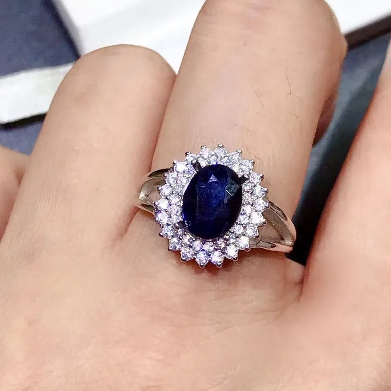 YULEM Natural Sapphire Ring 925 Sterling Silver 6x8MM 5A Genuine Gemstone Fine Jewelry for Women Anniversary Gift