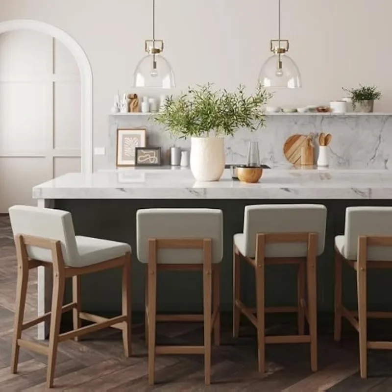 Tabouret de bar moderne avec dossier, chaise rembourrée avec tissu en lin naturel blanc et pieds en bois brossé