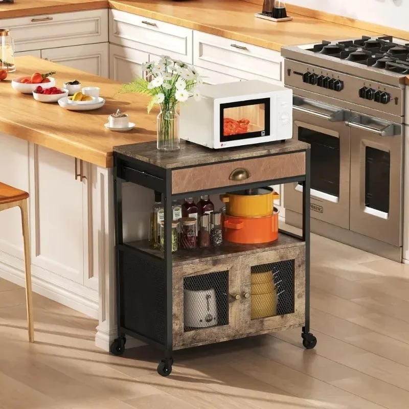 Work Table Bar Cart Three Tier Mobile Kitchen Island Cart Drawer Wheels Rolling Kitchen Trolley Coffee Bar Rustic Farmhouse view 3