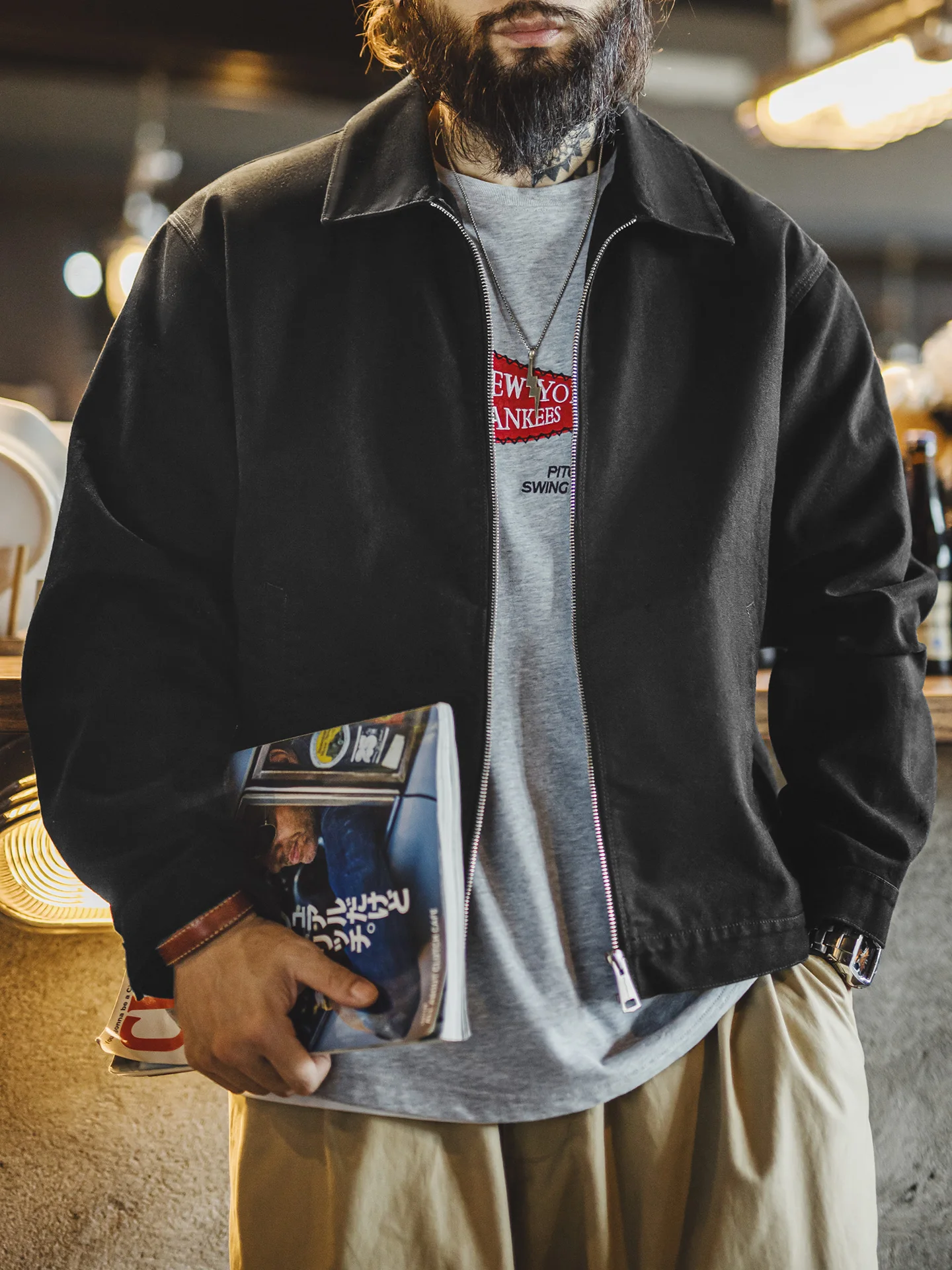 

Maden American Sle Jaet Pure Cotton ort Collar Men's Jaet Bla ape Spring Thiened Cotton Outerwear