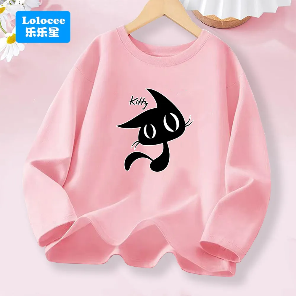 Kawaii Black Kitty Grafik T-Shirt für Mädchen Frühling Herbst Langarm Baumwolle Tops Kinder Mode Alltagskleidung