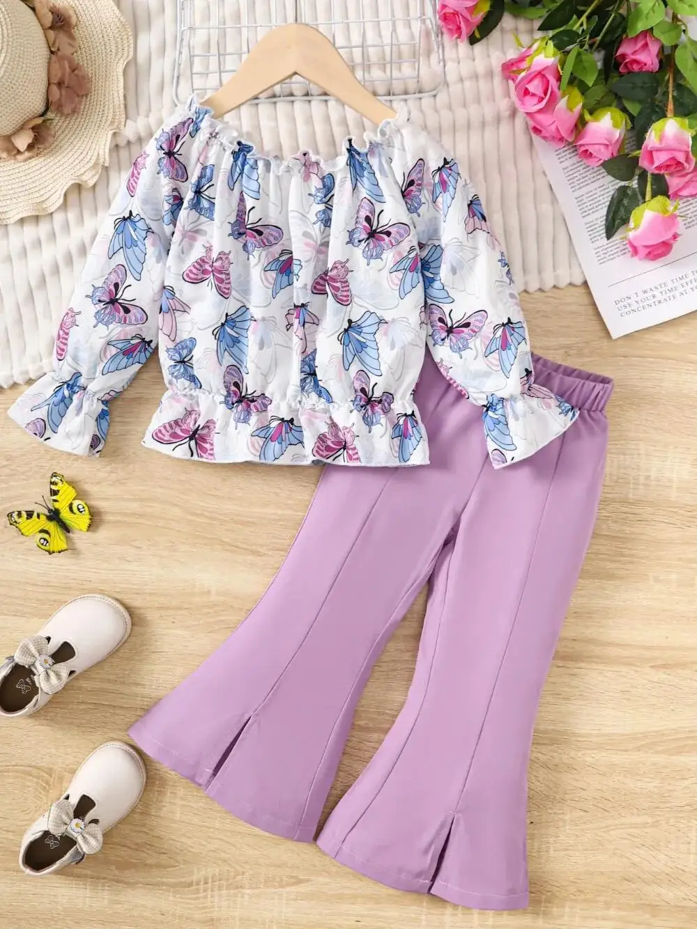 2PCS Children Girl Clothes Suit Cute Floral Long Sleeved Top+Trumpet Pants Spring&Autumn Princess Set for Kids Girl 2-7 Years