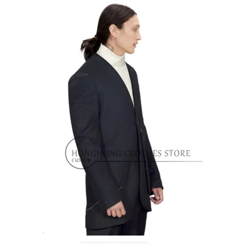 Black irregular deconstructed patchwork design men's suit. High-quality simple and fashionable wool coat.