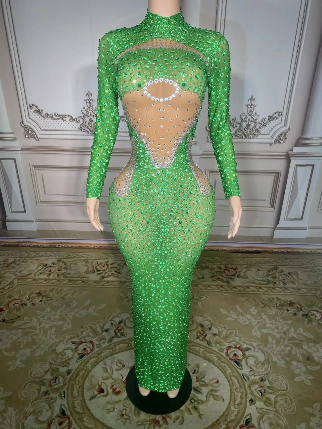 

ZD Sparkly Rhinestones Long Sleeves Mesh Transparent Dress Birthday Celebrate Gown Outfit Women Sexy Evening Prom Party Dress