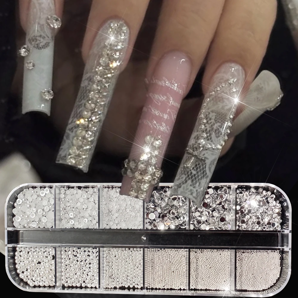 12-Gitter-Mix-Set mit Mini-Nagelperlen und Strasssteinen, 3D-Luxus-Silber-Kaviar-Mikroperlen & klaren Edelsteinen & Perlen-Nagelcharms, DIY-Schmuckteile – Detail 9
