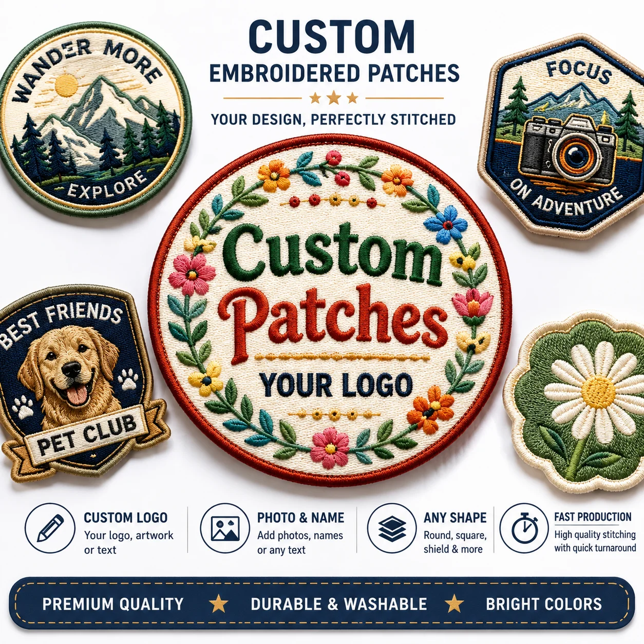 Custom Shape Embroidered Patches Personalized Logo Photo Text Hook and Loop for Hats Jackets Backpacks Uniforms Gifts Clubs