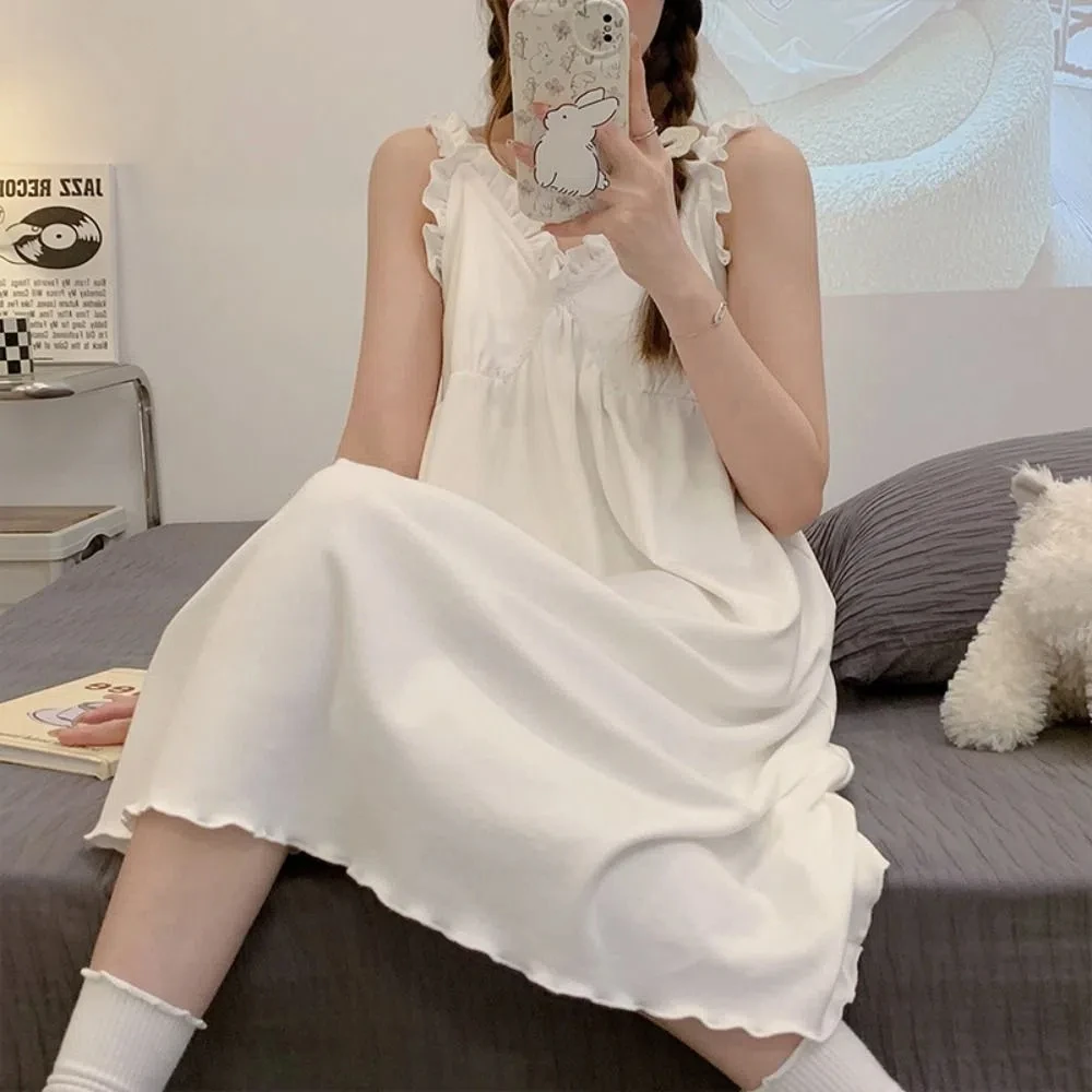 Elegant Ruffle Women's Pajama Dress V-neck Loose Suspender Nightdress Sleepwear Sleeveless Sling Nightgown Club