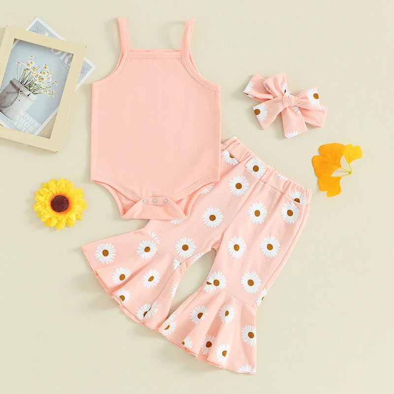 

Baby Girls Summer Outfit, Sleeveless Romper with Flower Print Flare Pants and Headband