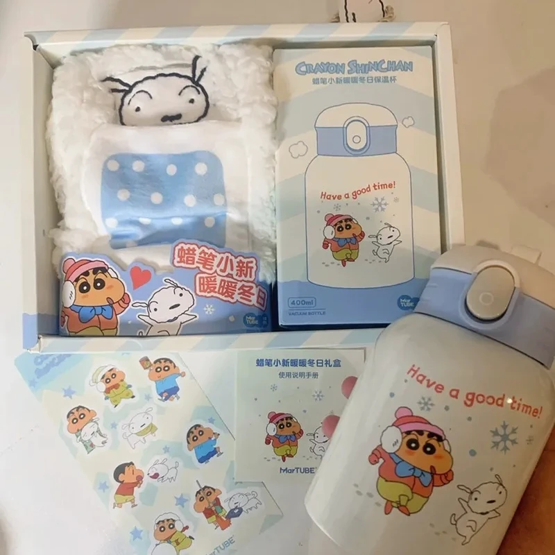 Martube 500ml Anime Crayon Shin-Chan écharpe Thermos avec boîte-cadeau Kawaii hiver bouteille d'eau chaude filles mignon écharpe cadeau de noël